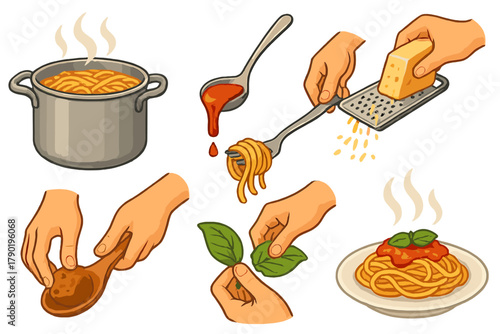 Steps for preparing spaghetti with tomato sauce and fresh basil garnish