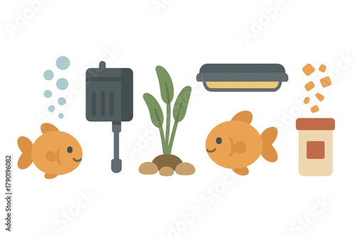 Stylized icons for home goldfish aquarium equipment and supplies