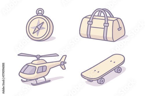 Set of travel and sport equipment icons featuring compass, duffel bag, helicopter, and skateboard