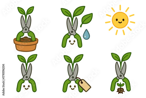 Charming set of gardening icons featuring pruning shears and growing plants