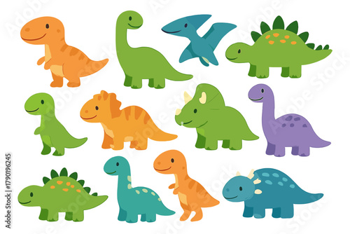 Collection of cute cartoon dinosaurs and prehistoric reptiles in bright colors