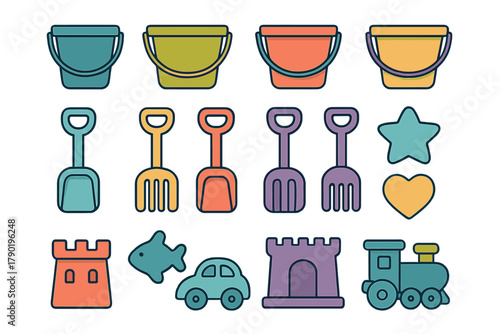 Colorful set of beach and sand toys icons for children