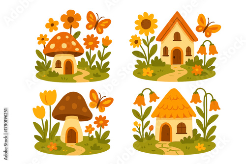 Whimsical fairy tale houses with mushrooms and butterflies in a garden