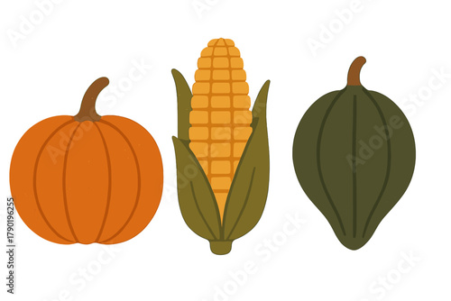 Assortment of autumn harvest vegetables including pumpkin, corn, and squash