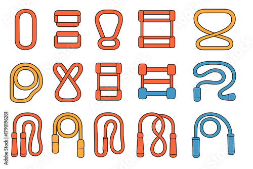 Set of fitness equipment icons including carabiners and various jump ropes