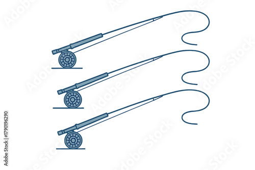 Three stylized fly fishing rods with reels and curved lines