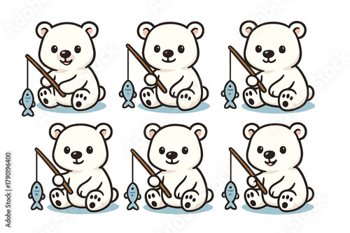 Adorable polar bear cub fishing with rod and seamless pattern