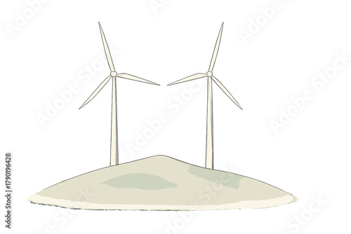 Modern wind turbines generating clean renewable power on grassy terrain