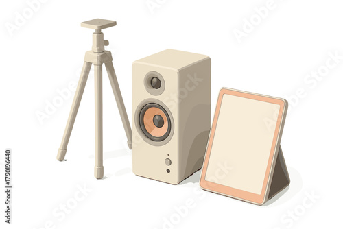 Minimalist audio speaker on tripod with digital display stand