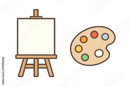 Blank canvas on wooden easel beside artist paint palette with colors