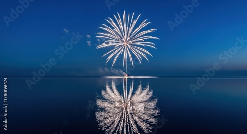 Fototapeta Naklejka Na Ścianę i Meble -  Spectacular fireworks exploding over calm lake at dusk