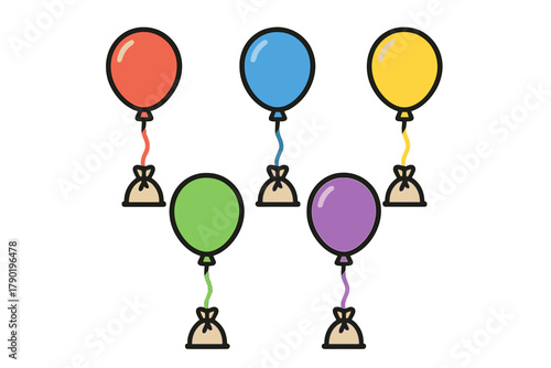 Brightly colored balloons tethered with small weights in simple outline