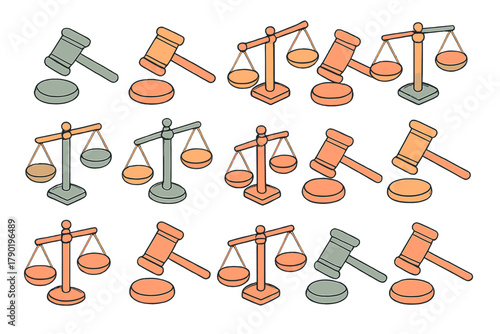 Isometric pattern of justice symbols featuring scales and auction hammers
