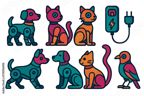 Stylized robotic pets and charging station icons collection