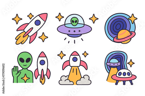 Charming set of space travel icons featuring rockets, extraterrestrials, and flying saucers