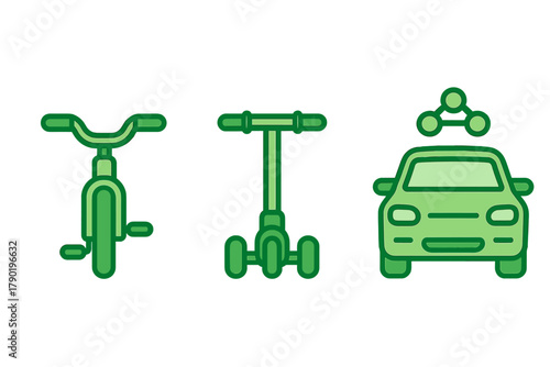Set of green transportation icons for bicycle scooter and car sharing concepts