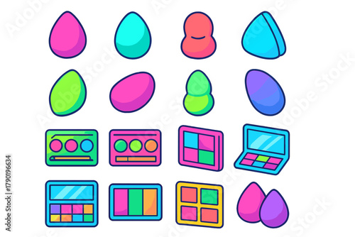 Colorful cosmetic makeup sponges and beauty product palettes icons