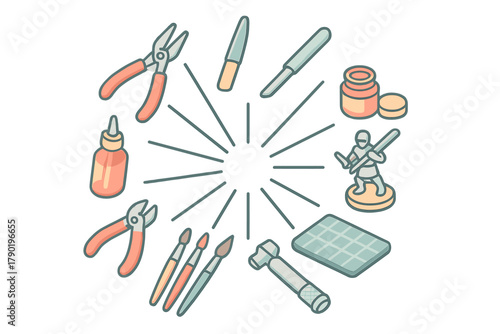 Hobby tools for miniature painting and modeling arranged in circle
