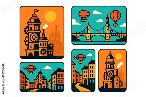 Steampunk cityscapes with airships and industrial bridge icons