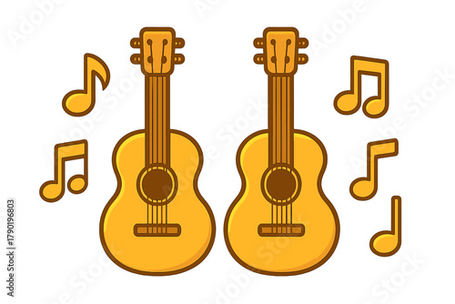 Two acoustic guitars with floating musical notes icons