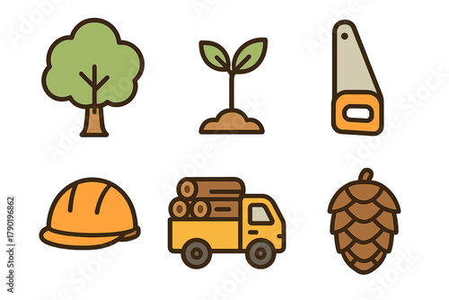 Forestry and logging industry icons featuring tree and seedling symbols