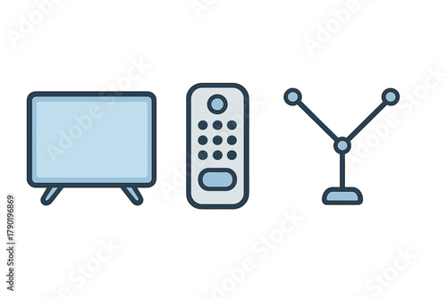 Television remote control and antenna icons set for home entertainment