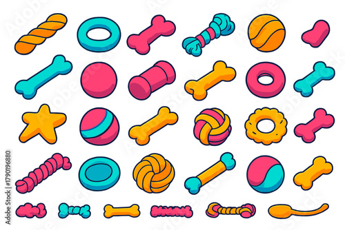 Colorful assortment of cartoon dog toys and chew items pattern