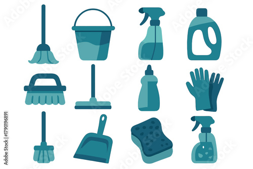 Set of essential household cleaning tools and sanitation supplies icons