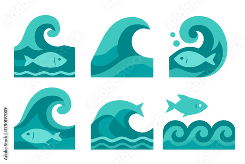 Stylized ocean wave and fish icons in vibrant teal color palette