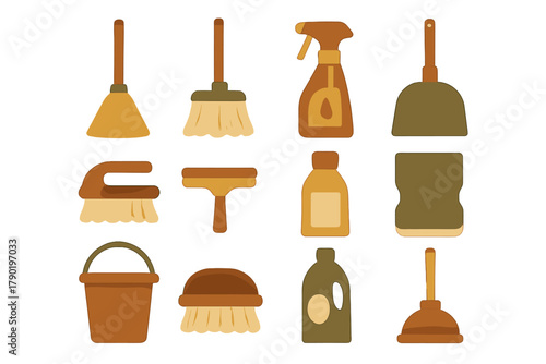 Set of various household cleaning tools and essential maintenance supplies icons