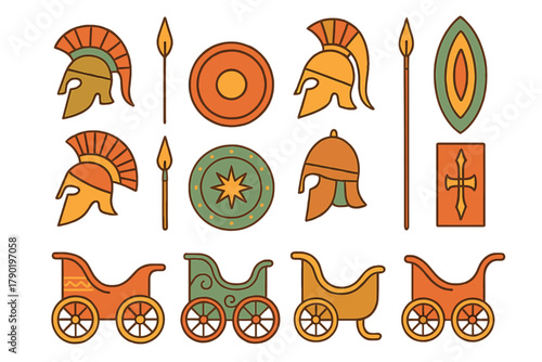 Collection of ancient military equipment and historical transport icons