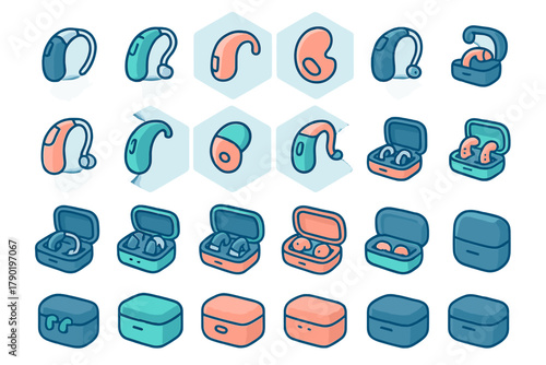 Various styles of modern hearing aid devices and portable charging cases