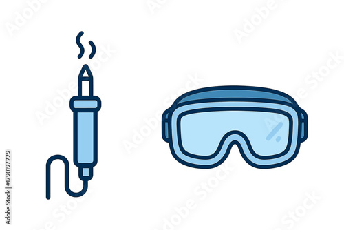 Soldering Iron and Safety Goggles Icon Set for Electronics Repair