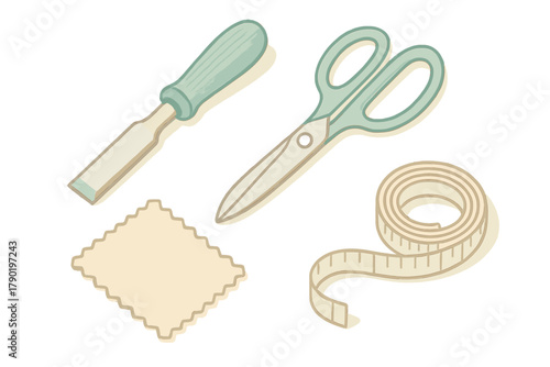 Craft and sewing tools isometric collection with chisel and measuring tape