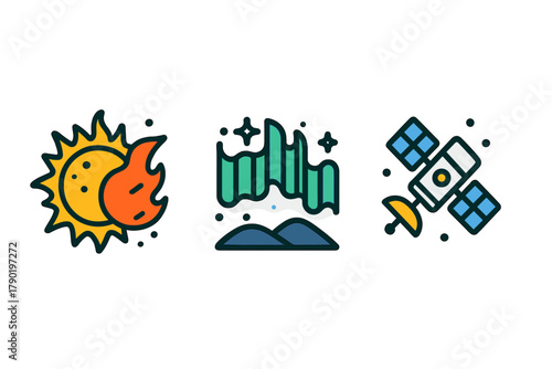 Solar flare aurora and satellite space phenomena icon set