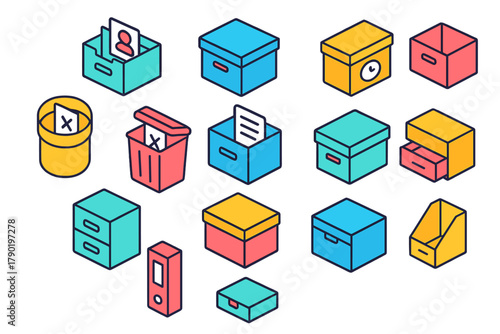 Isometric storage containers and document organization symbols set