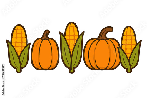 Stylized icons of pumpkins and corn on the cob for harvest