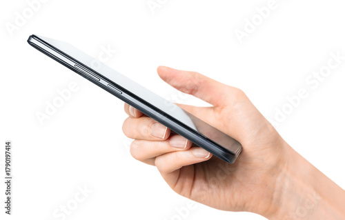 A woman's hand holds a smartphone on a white isolated background, side view