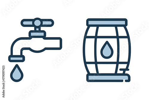 Dripping water faucet next to liquid storage barrel icon