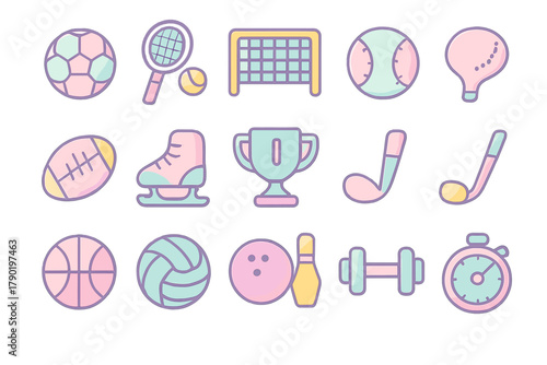 Pastel colored sports equipment and fitness icons collection