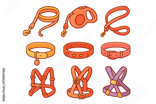 Collection of pet walking accessories including leashes collars and harnesses
