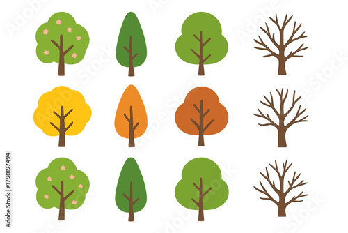 Twelve stylized trees showing four distinct seasonal changes and various shapes