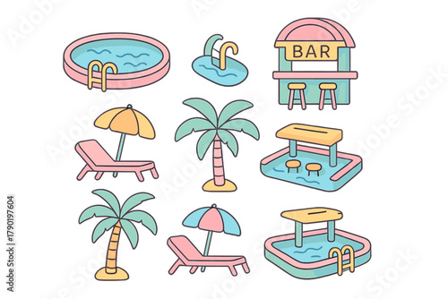 Summer pool party icons featuring palm trees and swim-up bar elements