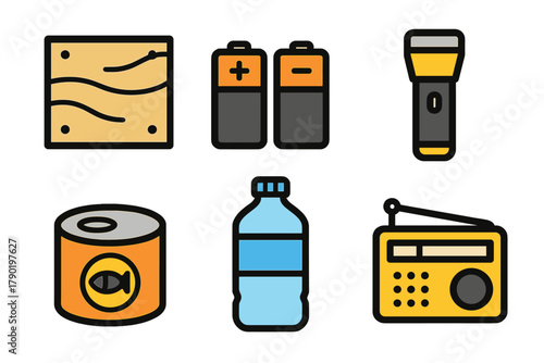 Essential emergency survival kit supplies icons set for disaster preparedness