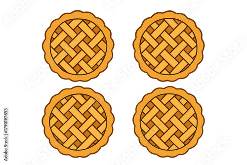 Four round baked fruit pies with classic lattice crust pattern