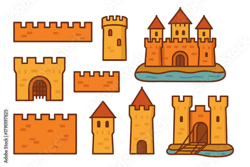 Stylized medieval castle and fortress building elements set