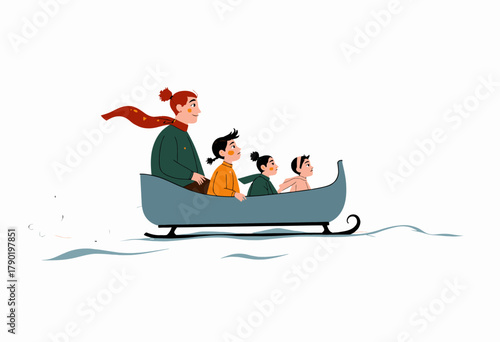 Illustration of a joyful family sledding down a snowy slope with smiles and winterwear, capturing the excitement and warmth of a winter adventure outdoors