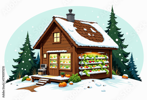 Cozy Snow-Covered Cabin with Vibrant Gardens and Pumpkins Surrounded by Evergreens Under a Peaceful Wintry Sky