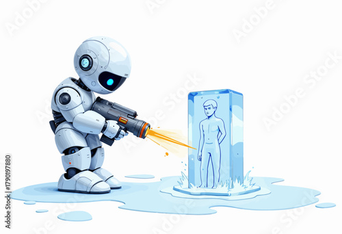 A small robot uses a futuristic laser device to carefully sculpt a block of ice containing a human figure, showcasing advanced robotic precision and creativity.