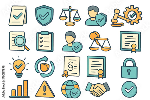 Compliance and legal approval icons featuring scales of justice and checkmarks